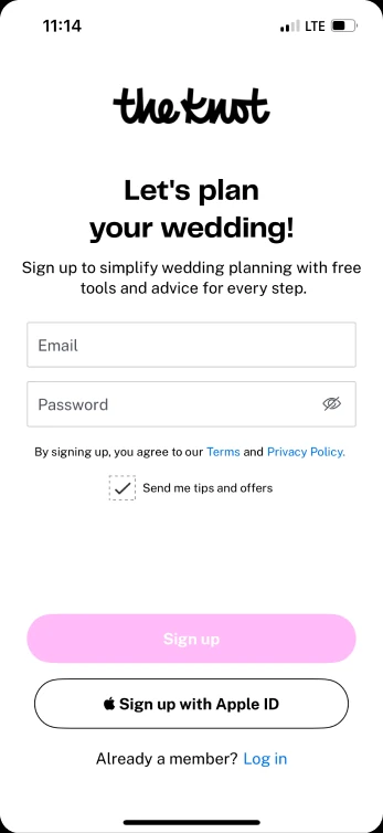 The Knot's sign-up screen, shown immediately with email and password fields and no way to browse first.